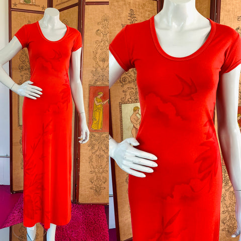 Red T-Shirt Maxi Dress with Bird Landscape Print