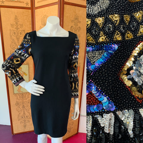 Black Party Dress with Sequin & Beaded Sleeves