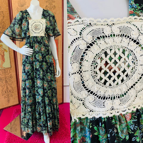 Epic bohemian 70s dramatic maxi gown with incredible sleeves.  The bohemian hippie dress of California dreams.  Available at Empress Vintage in Berkeley and San Francisco.