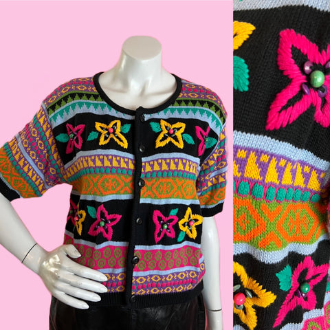 Colorful Embroidered Beaded Short Sleeve Cardigan