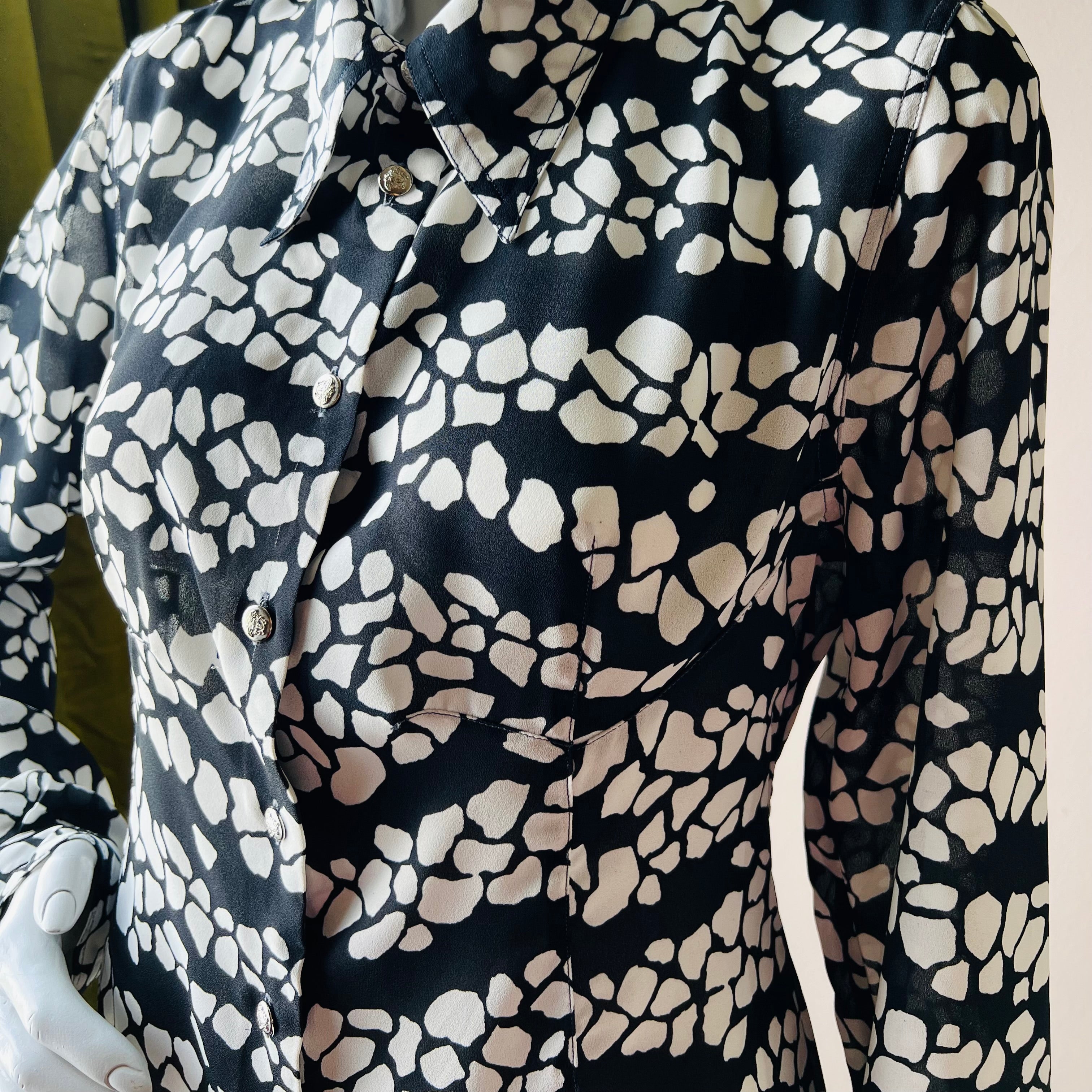 Versace JC 90s Black & White Print Sheer Blouse — vintage 1990s Versace top in black, white