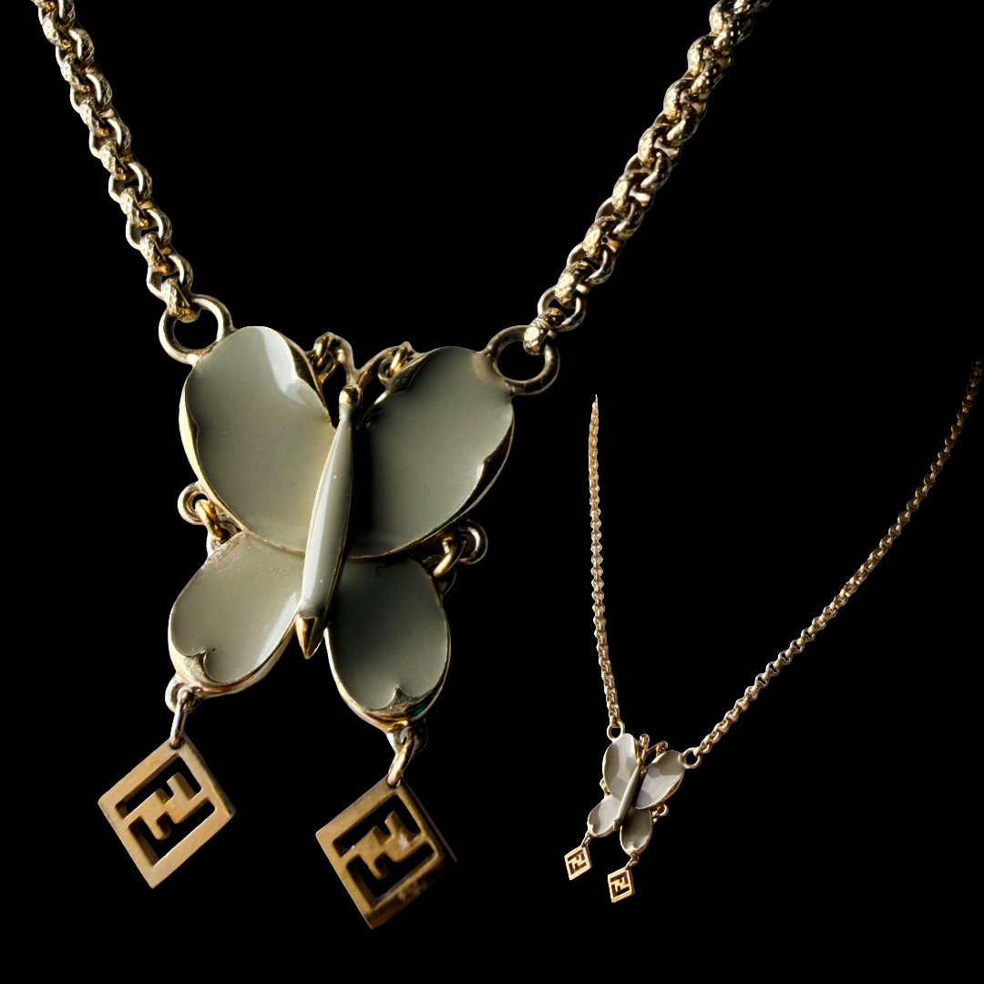 Fendi Articulated Butterfly FF Chain Necklace — vintage Fendi jewellery in gold, green