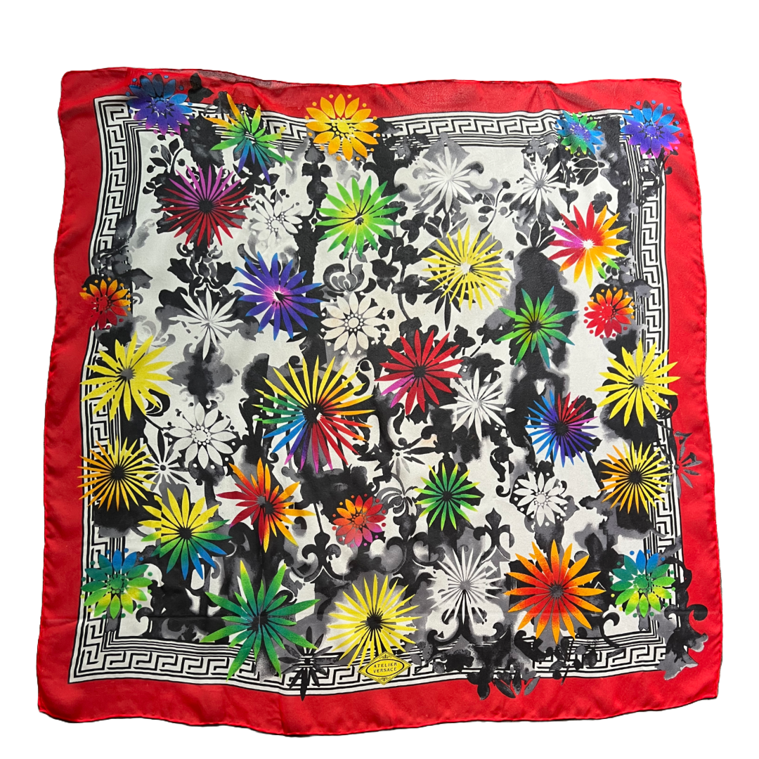 Atelier Versace hand rolled rainbow print silk scarf.