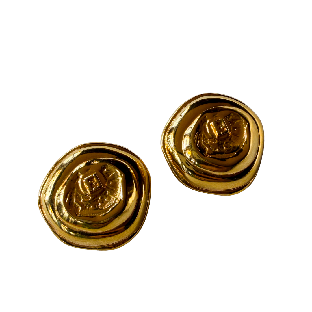 Fendi Gold Plated Wax Seal Clip Earrings — vintage Fendi jewellery in gold