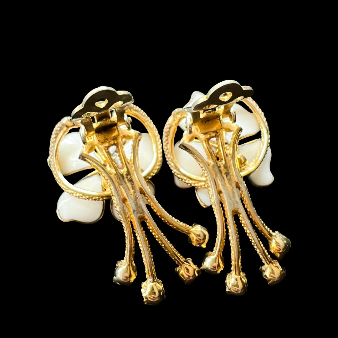 Schiaparelli White & Gold Flower Gold Clip On Earrings — vintage Schiaparelli jewellery in white, gold