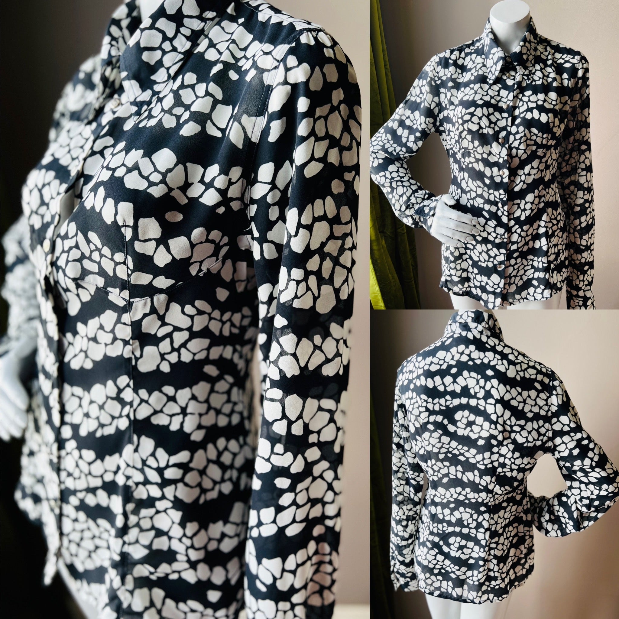 Versace JC 90s Black & White Print Sheer Blouse — vintage 1990s Versace top in black, white