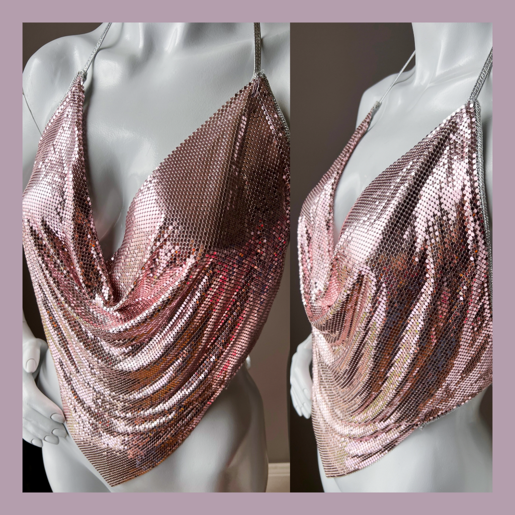 Ferrara Mesh Blush Pink w Silver Leather Halter Top — vintage Ferrara top in pink, silver