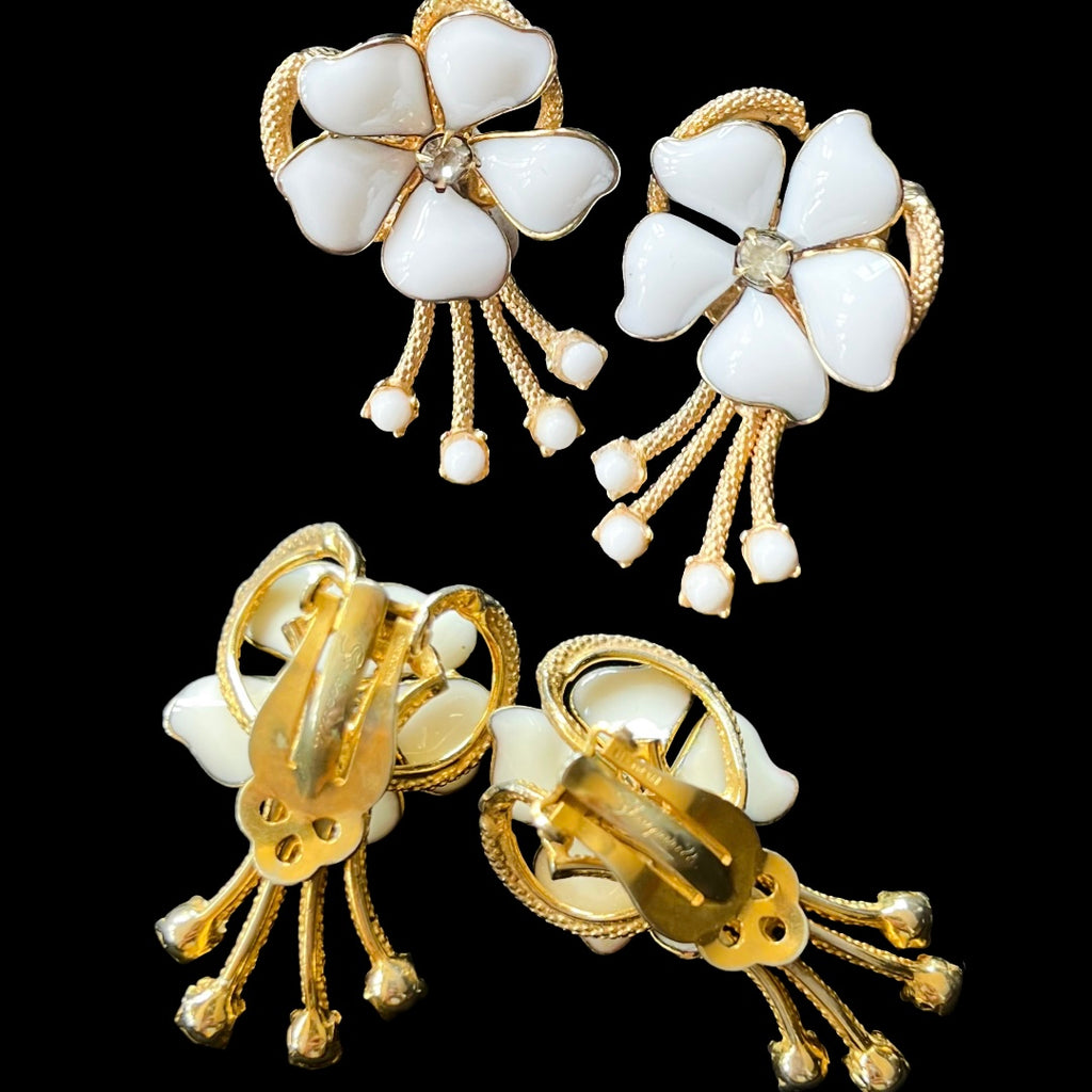 Schiaparelli White & Gold Flower Gold Clip On Earrings — vintage Schiaparelli jewellery in white, gold