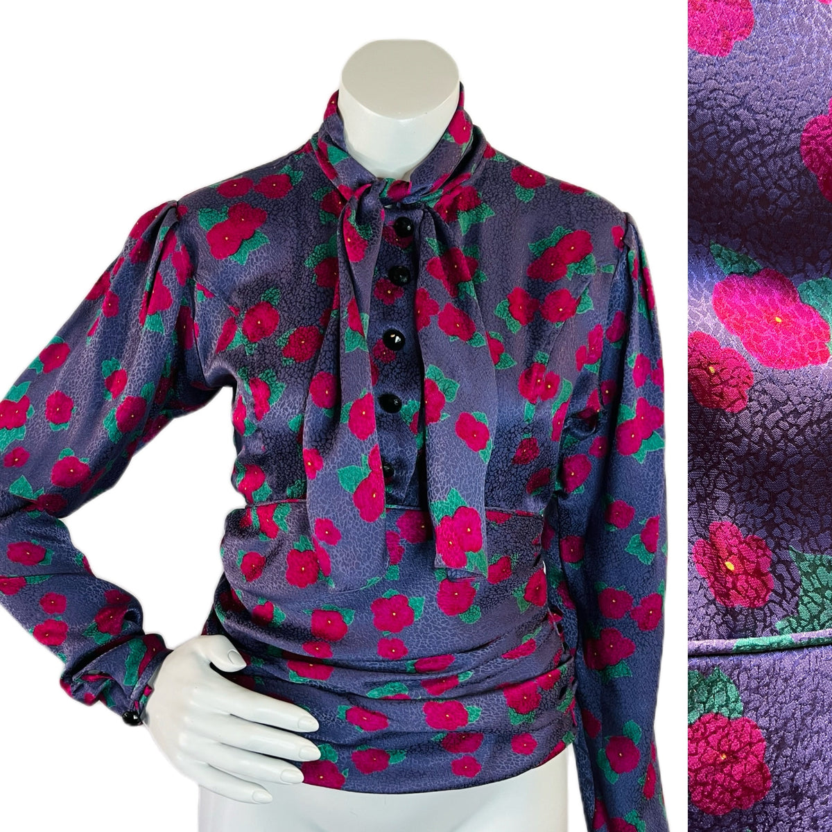 Ungaro Pussy Bow Floral Purple Silk Blouse — vintage Ungaro top in purple