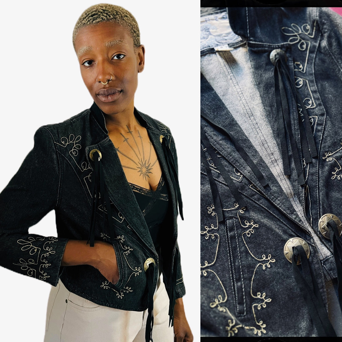 Kenzo Black Denim Fringe Jacket with Gold Embroidery — vintage Kenzo jacket in black, gold, blue