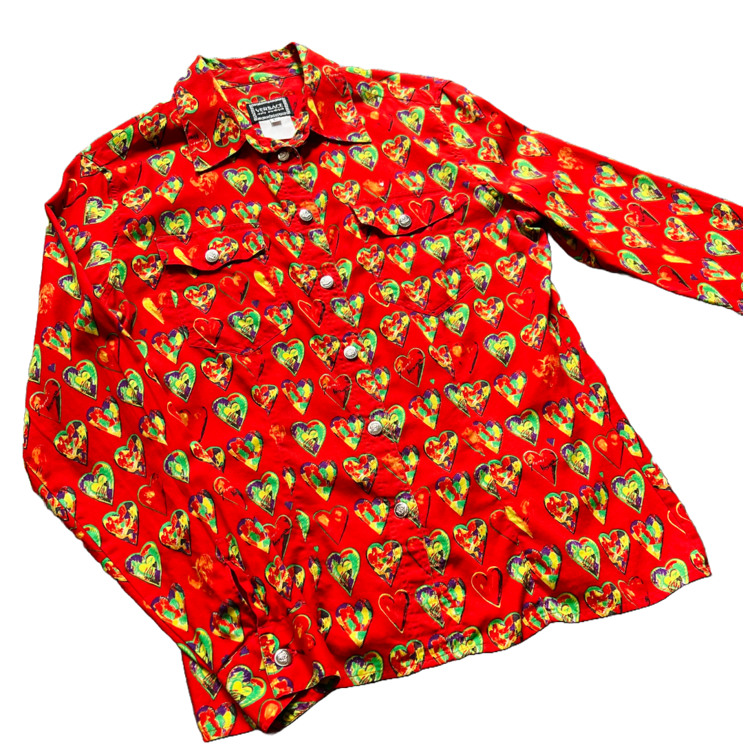 Gianni Versace Jim Dine Hearts Print Button Up Shirt — vintage Versace top in red, silver