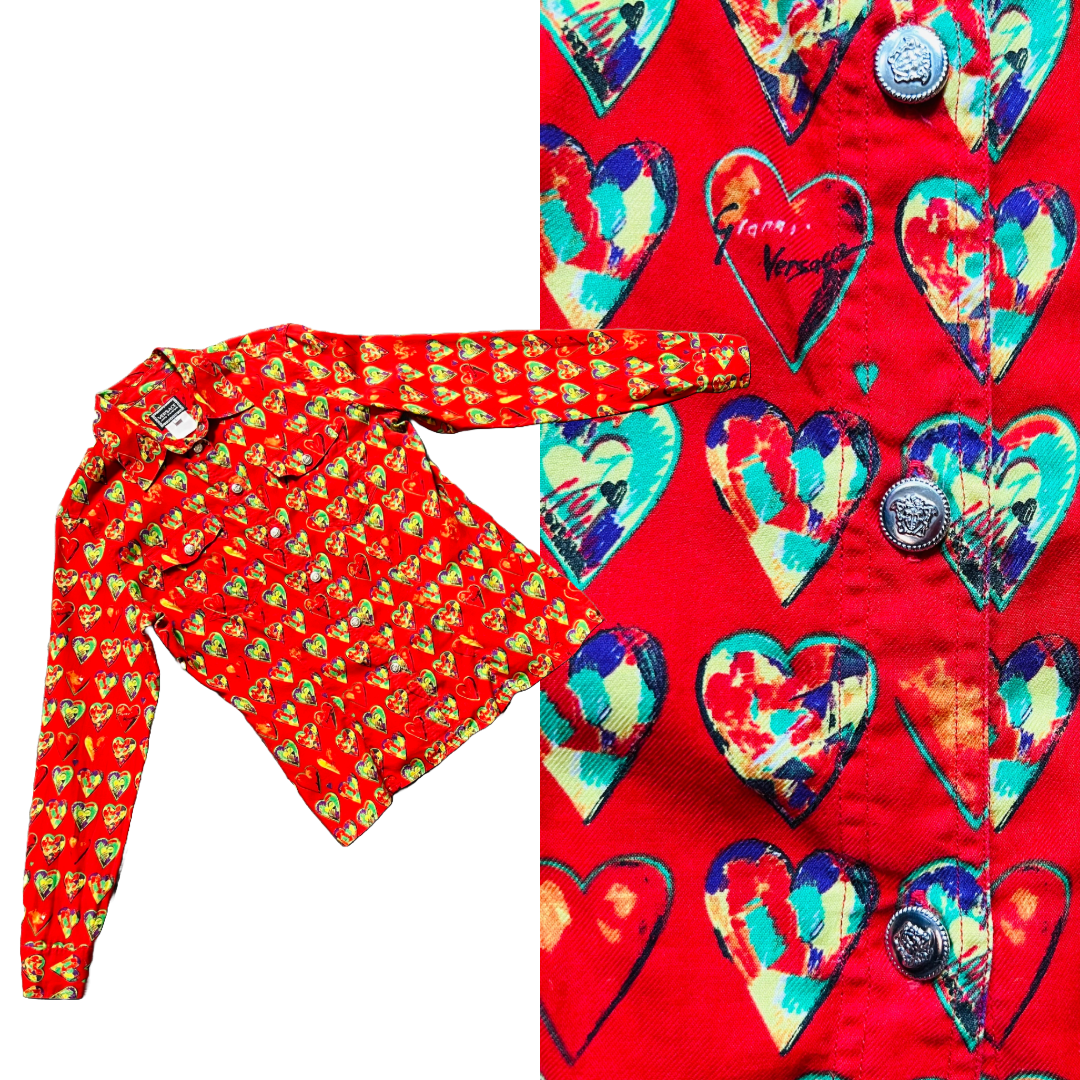 Collectible Gianni Versace Jim Dine heart print motif button up cotton blouse from 1997.