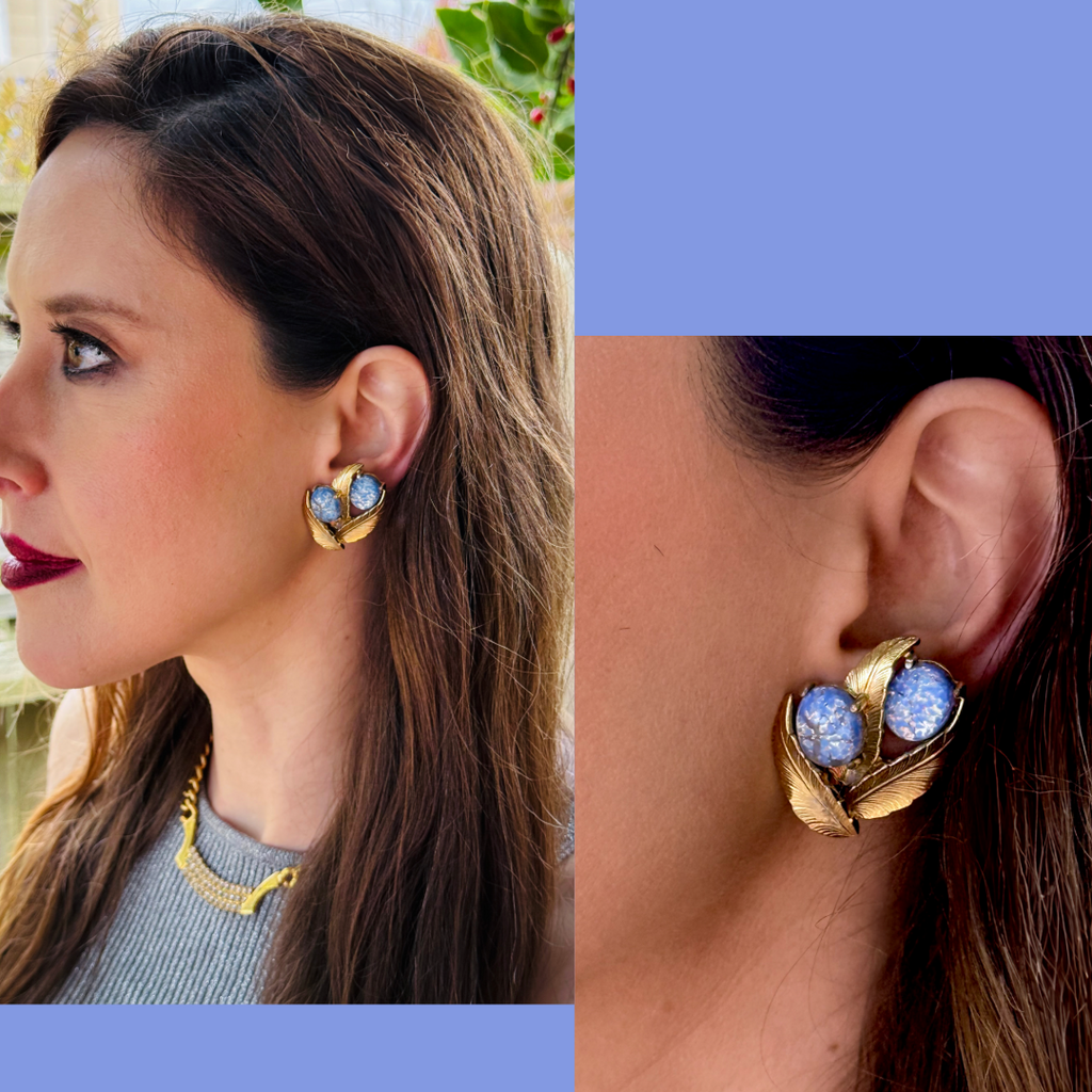 Brilliant blue vintage Schiaparelli costume jewelry domed glass clip on earrings.