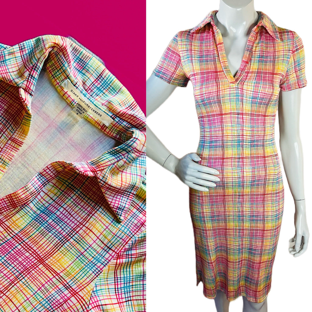 Diane Von Furstenberg Rainbow Silk Collared Dress — vintage Diane Von Furstenberg dress in multicolour