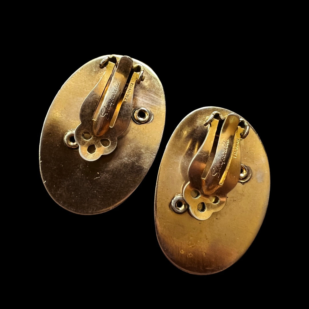 Schiaparelli Coral Gold Aurora Borealis Clip On Earrings — vintage 1950s Schiaparelli jewellery in orange, gold