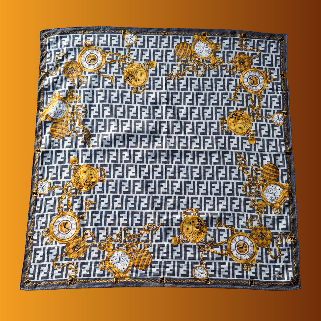 Fendi FF Zucca Chains & Clockwork Scarf — vintage Fendi scarf in white, gold, grey