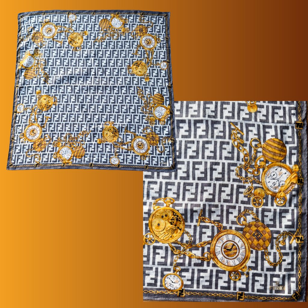 Fendi FF Zucca Chains & Clockwork Scarf — vintage Fendi scarf in white, gold, grey