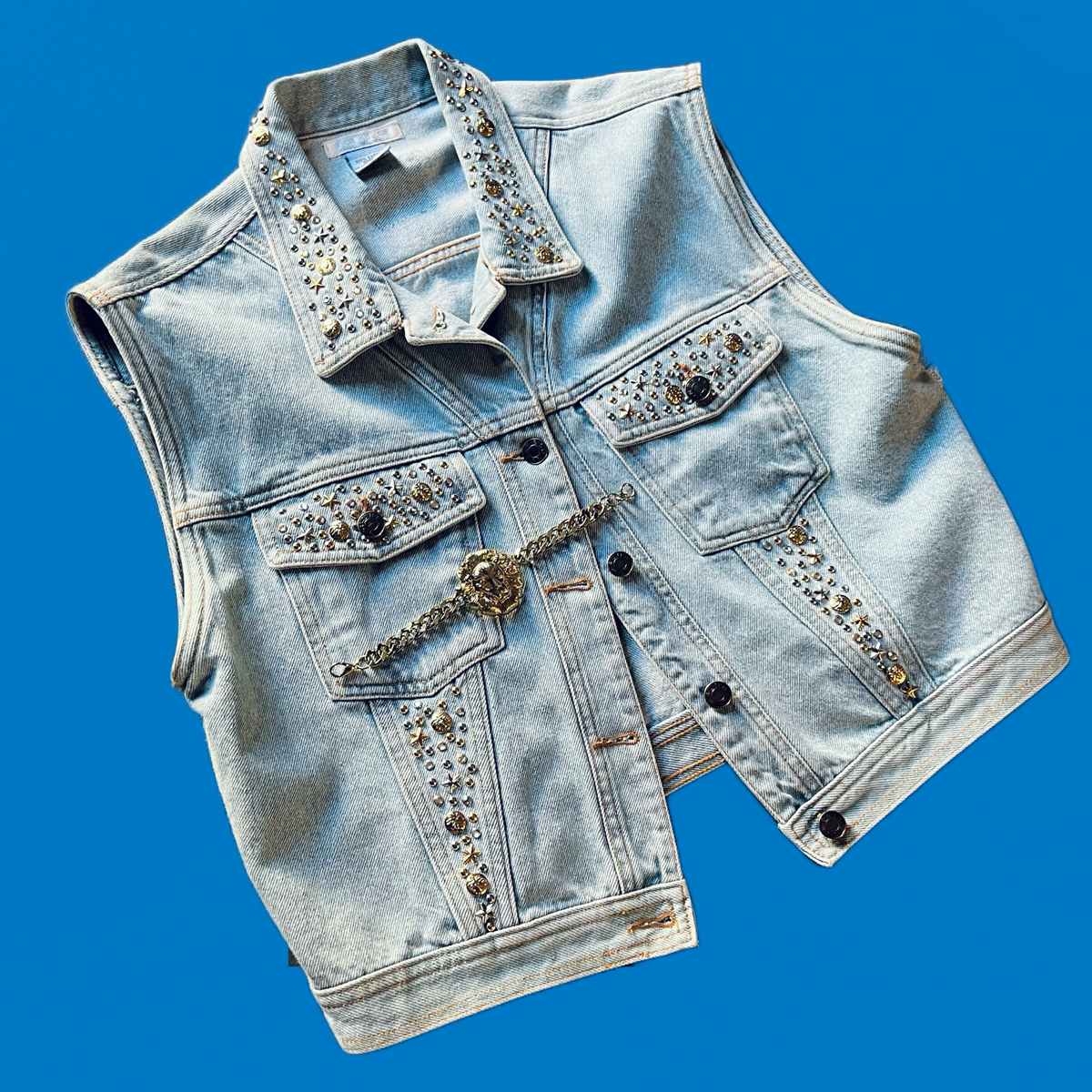 Denim studded vest & chunky lion bracelet — vintage jewellery in blue