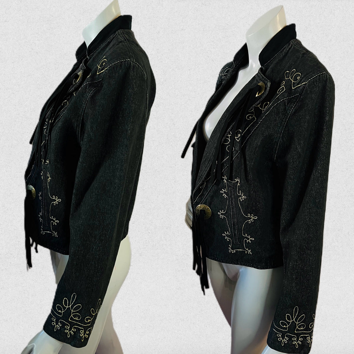 Kenzo Black Denim Fringe Jacket with Gold Embroidery — vintage Kenzo jacket in black, gold, blue
