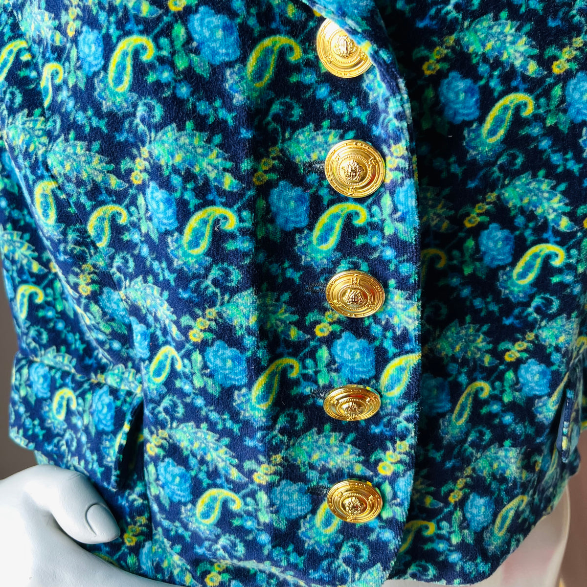 Versace JC 90s Blue & Green Cotton Velvet Top — vintage 1990s Versace top in green, blue