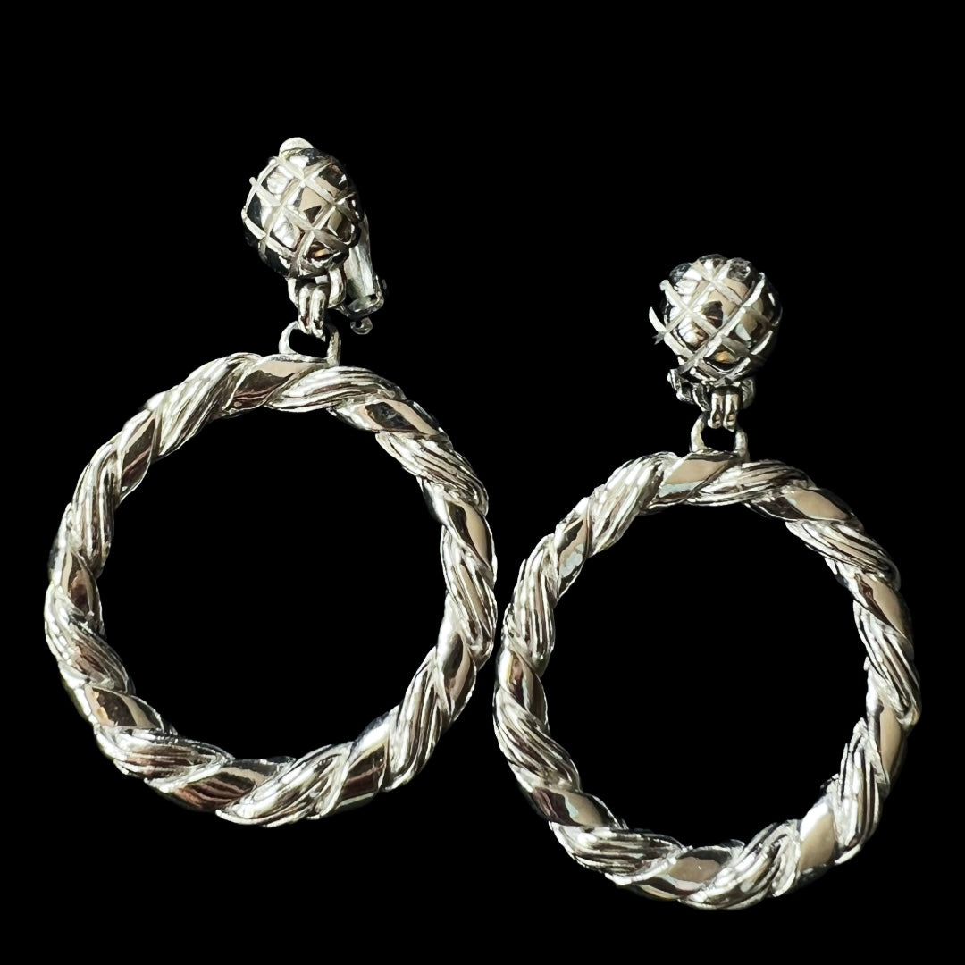 Schiaparelli Silver Braided Hoop Clip On Earrings — vintage 1960s Schiaparelli jewellery in silver