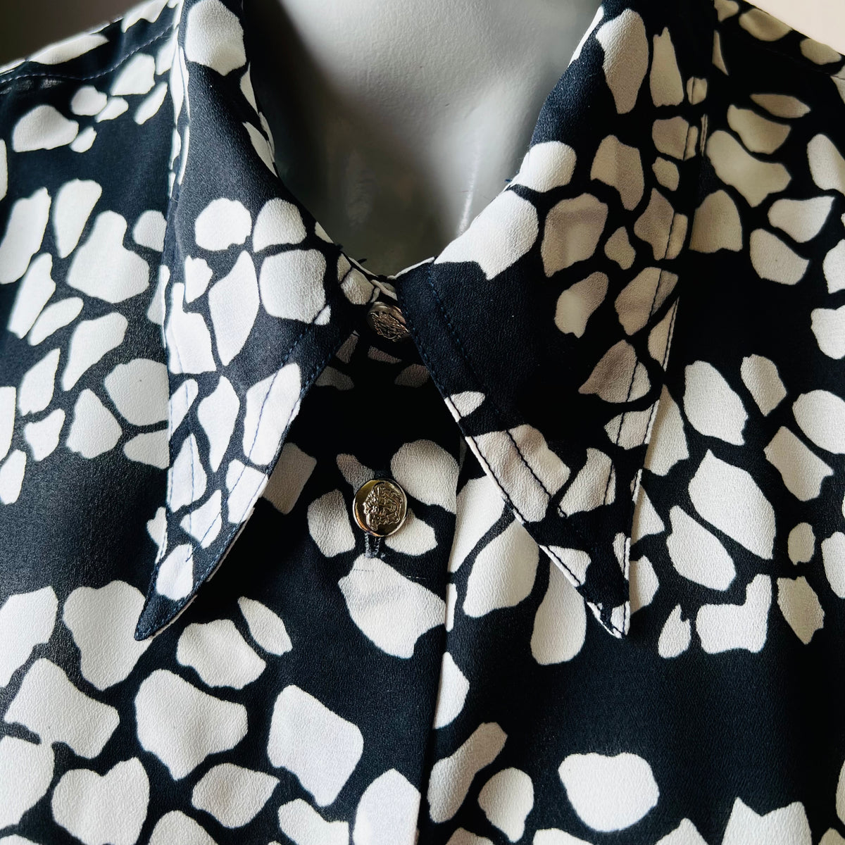 Versace JC 90s Black & White Print Sheer Blouse — vintage 1990s Versace top in black, white
