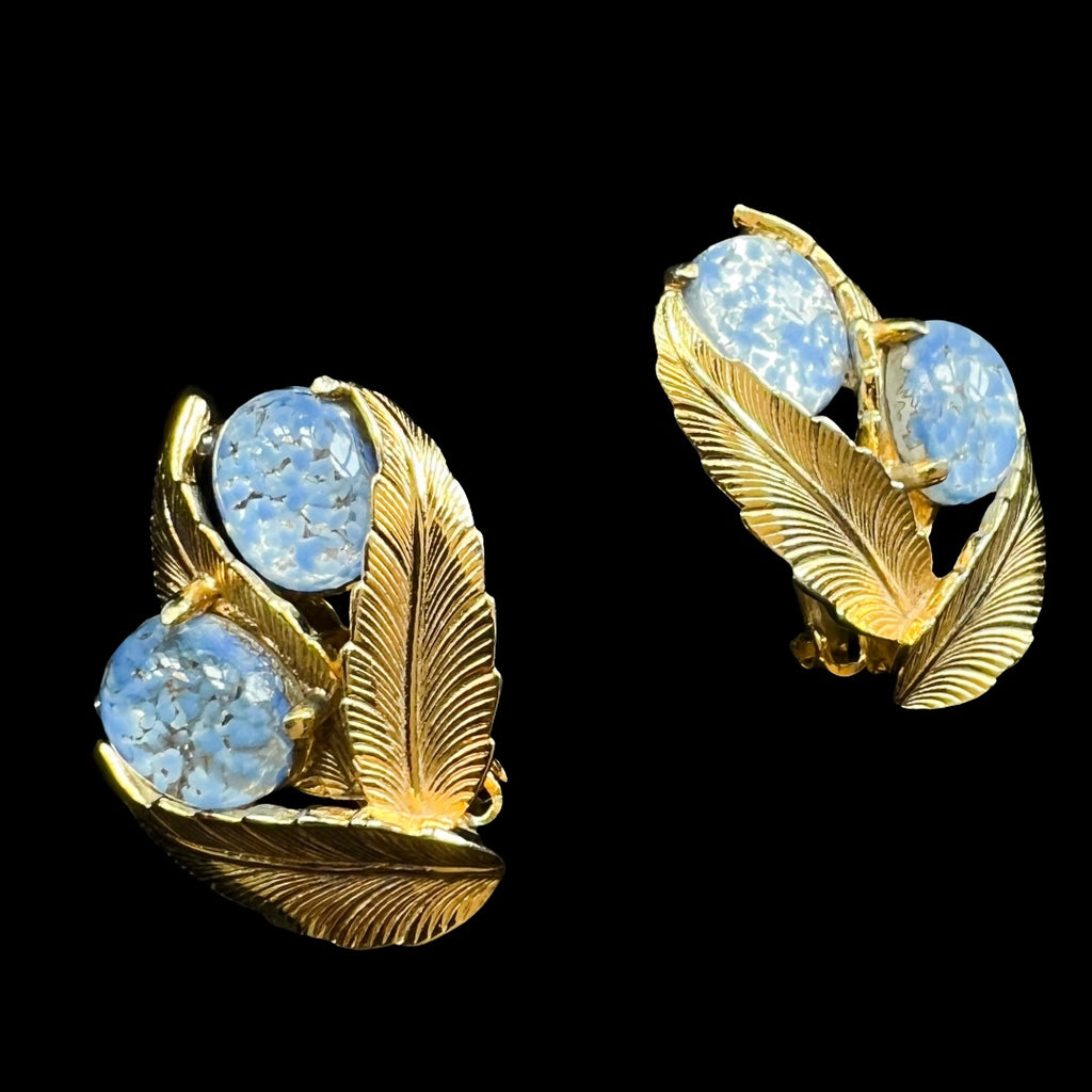 Schiaparelli Gold & Blue Foiled Glass Clip On Earrings — vintage Schiaparelli jewellery in gold, blue