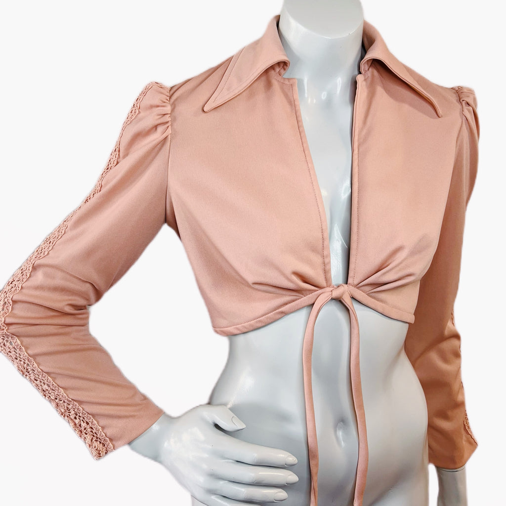 Joseph Magnin 1970s Crop Top with Crochet Sleeve Detailing — vintage 1970s Joseph Magnin top in pink