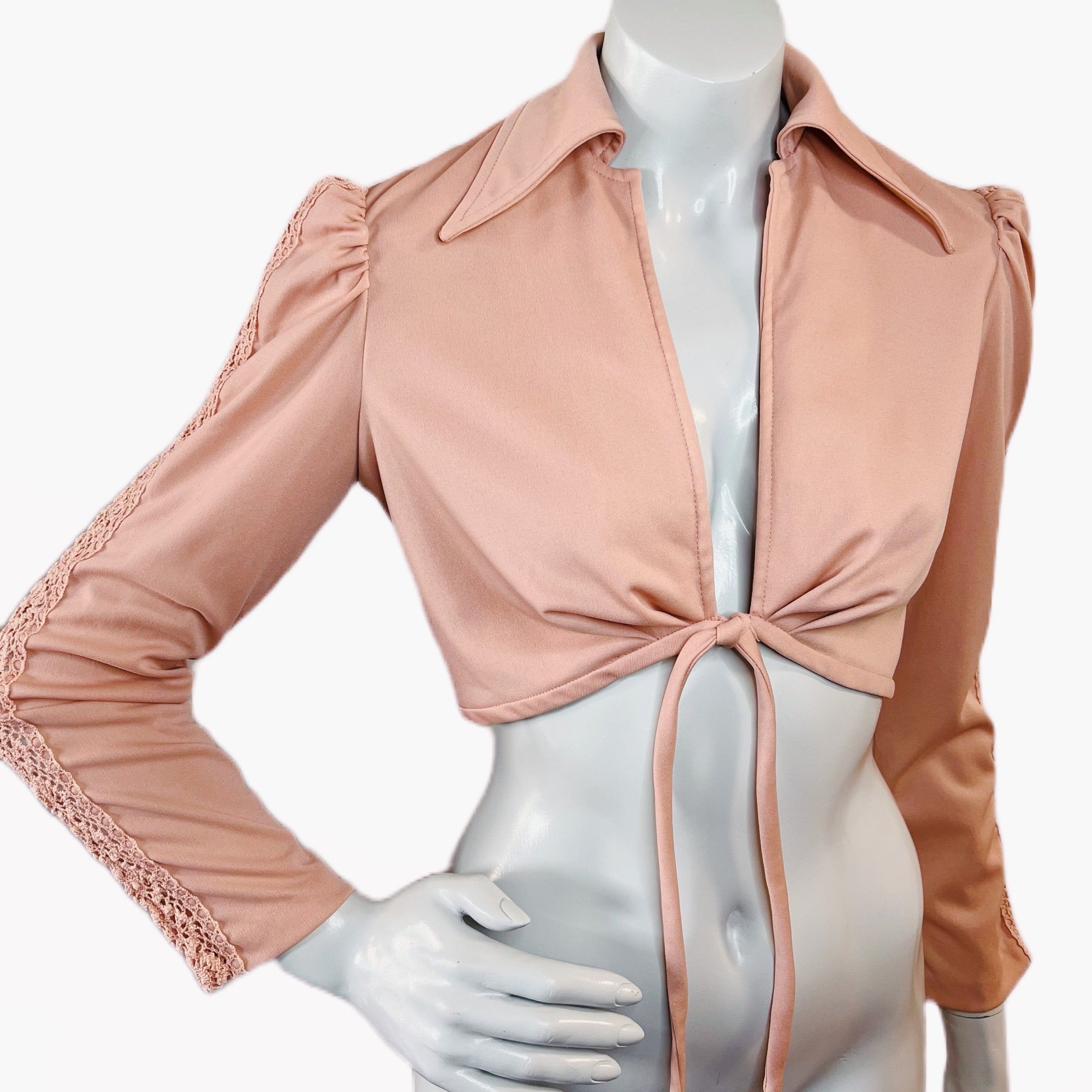 Joseph Magnin 1970s Crop Top with Crochet Sleeve Detailing — vintage 1970s Joseph Magnin top in pink