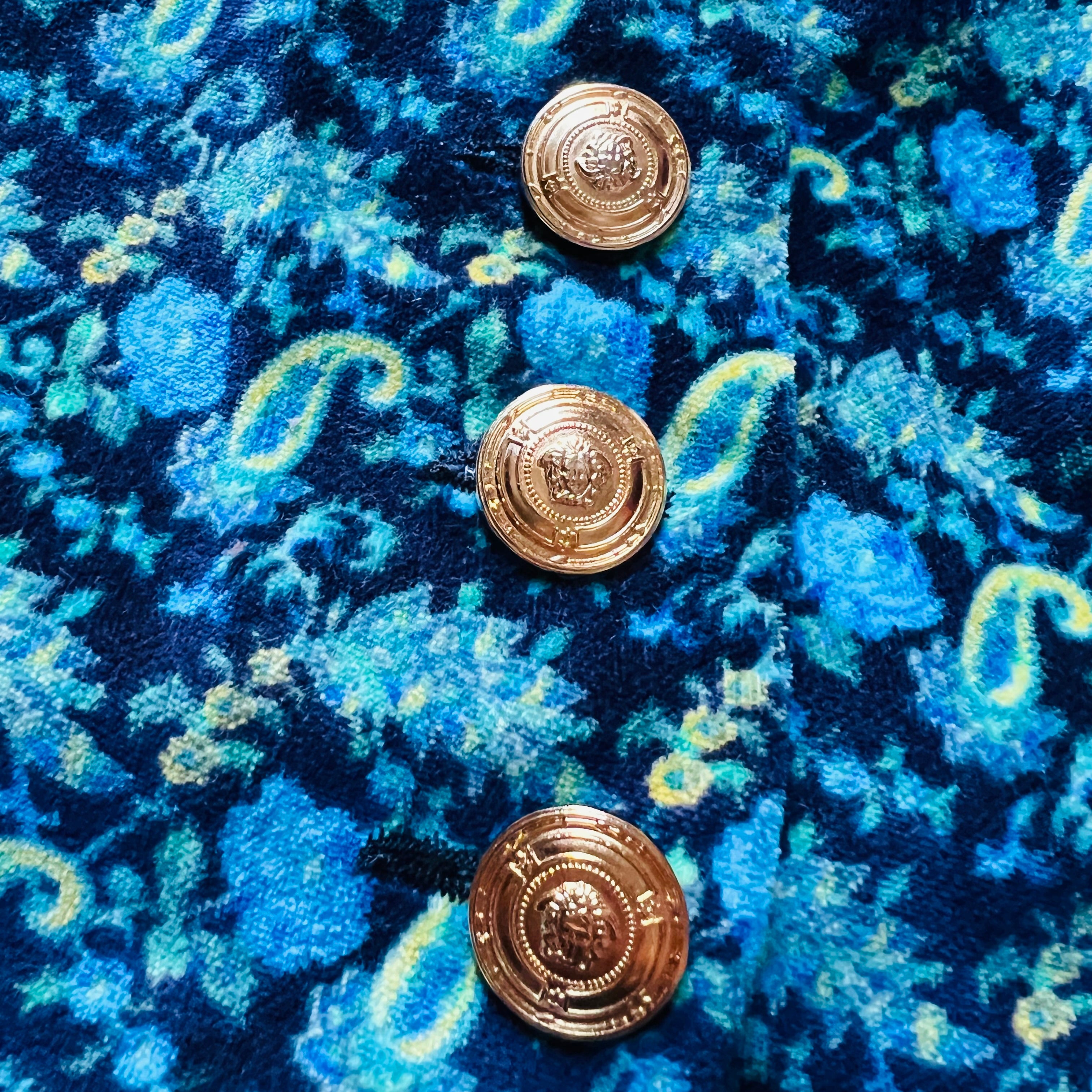 Versace JC 90s Blue & Green Cotton Velvet Top — vintage 1990s Versace top in green, blue