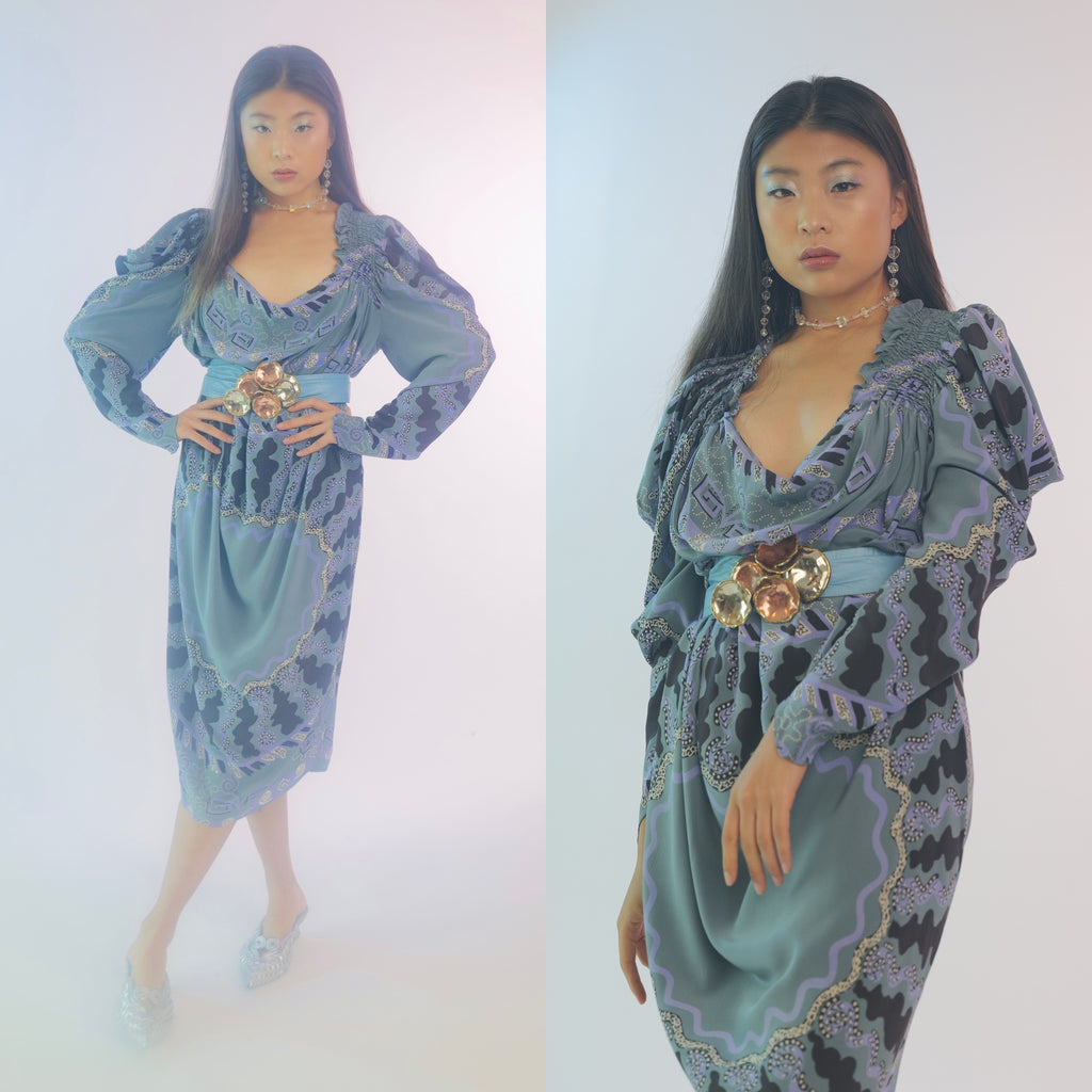 Zandra Rhodes London Blue Silk Dress — vintage Zandra Rhodes dress in blue