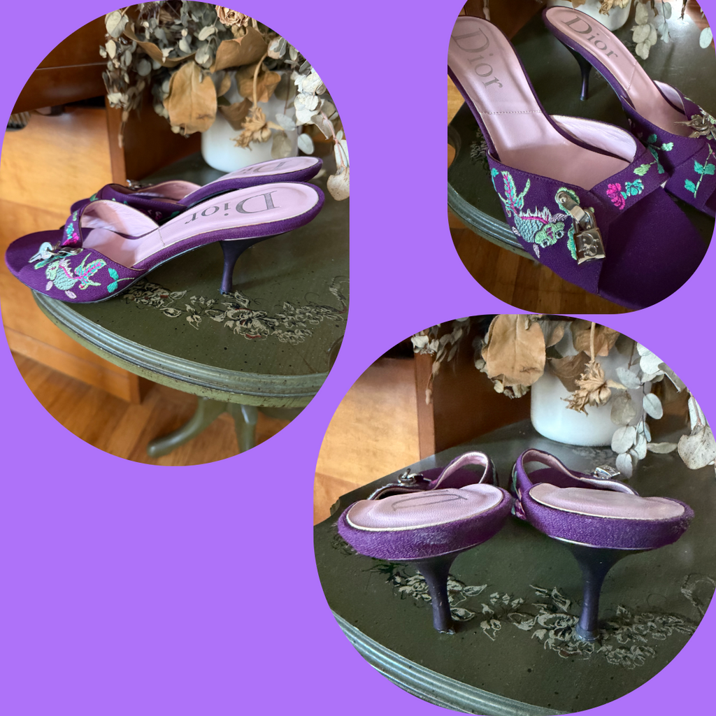 Christian Dior by Galliano Koi Collection 2003 Embroidered Purple Heels Size 39 — vintage Christian Dior shoes in purple