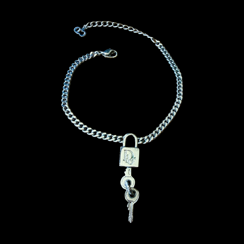 Christian Dior Silver Lock and Key Charm Chain Bracelet Galliano — vintage 2000s Christian Dior jewellery in silver