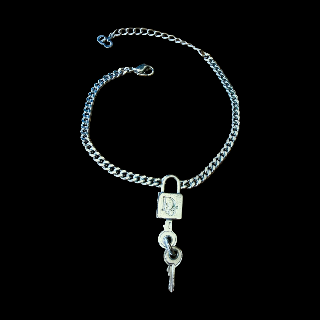 Christian Dior Silver Lock and Key Charm Chain Bracelet Galliano
