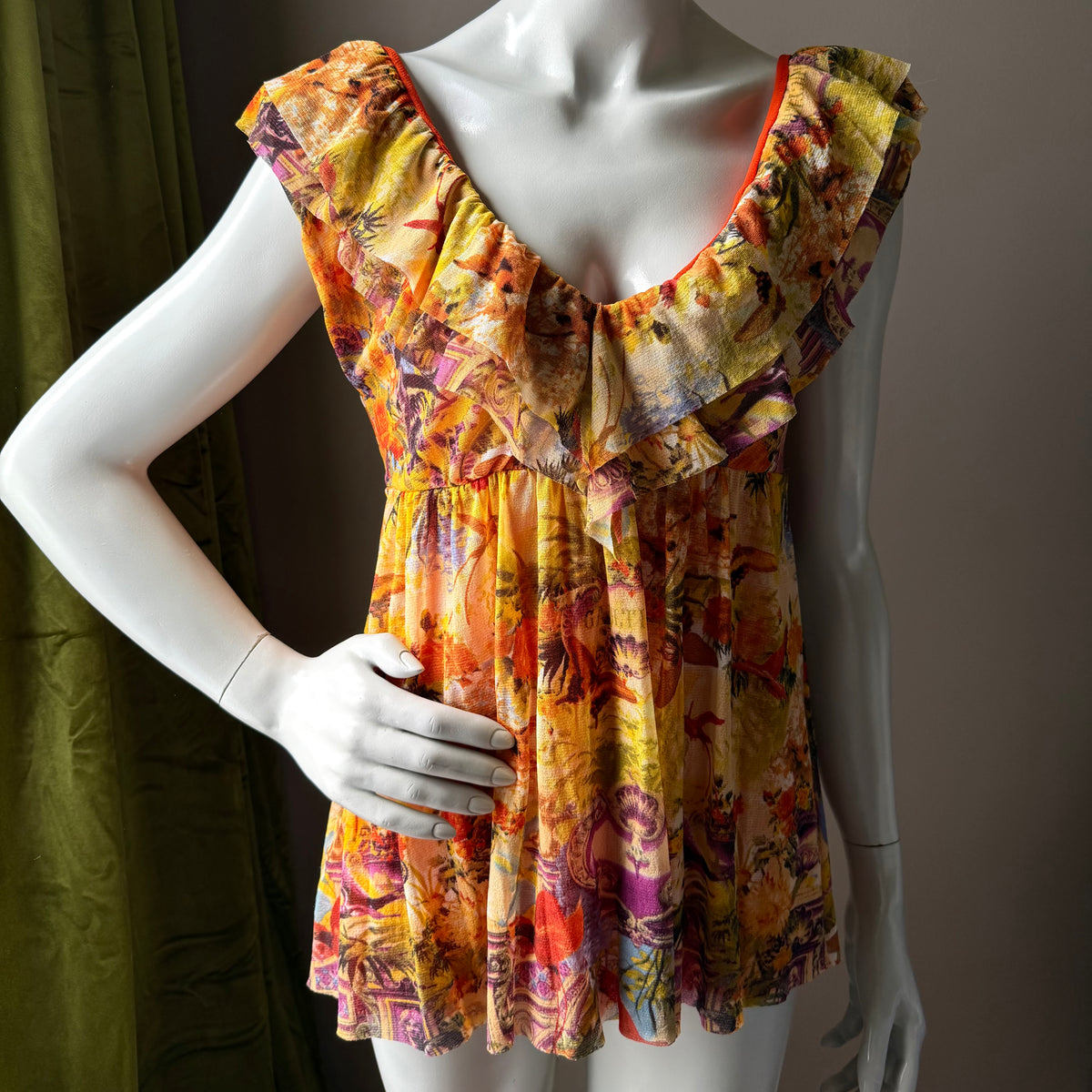 Jean Paul Gaultier Soleil Vintage Mesh Flamingo Ruffle Top — vintage Jean Paul Gaultier top in orange