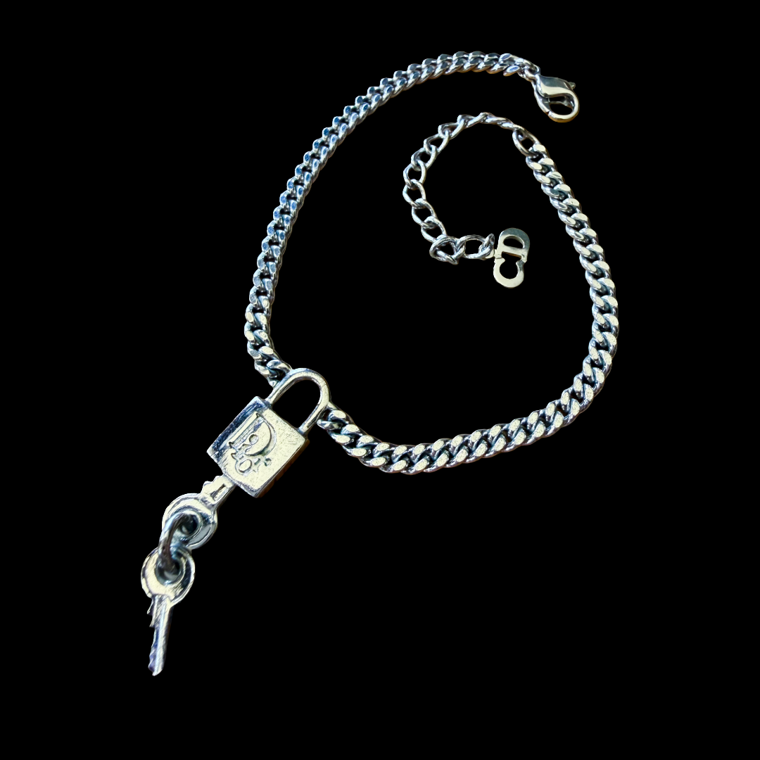 Christian Dior Silver Lock and Key Charm Chain Bracelet Galliano
