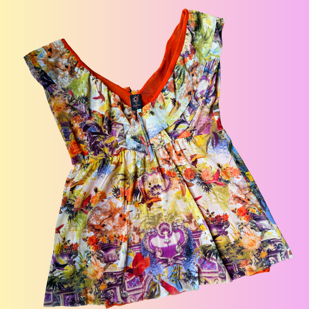 Jean Paul Gaultier Soleil Vintage Mesh Flamingo Ruffle Top — vintage Jean Paul Gaultier top in orange