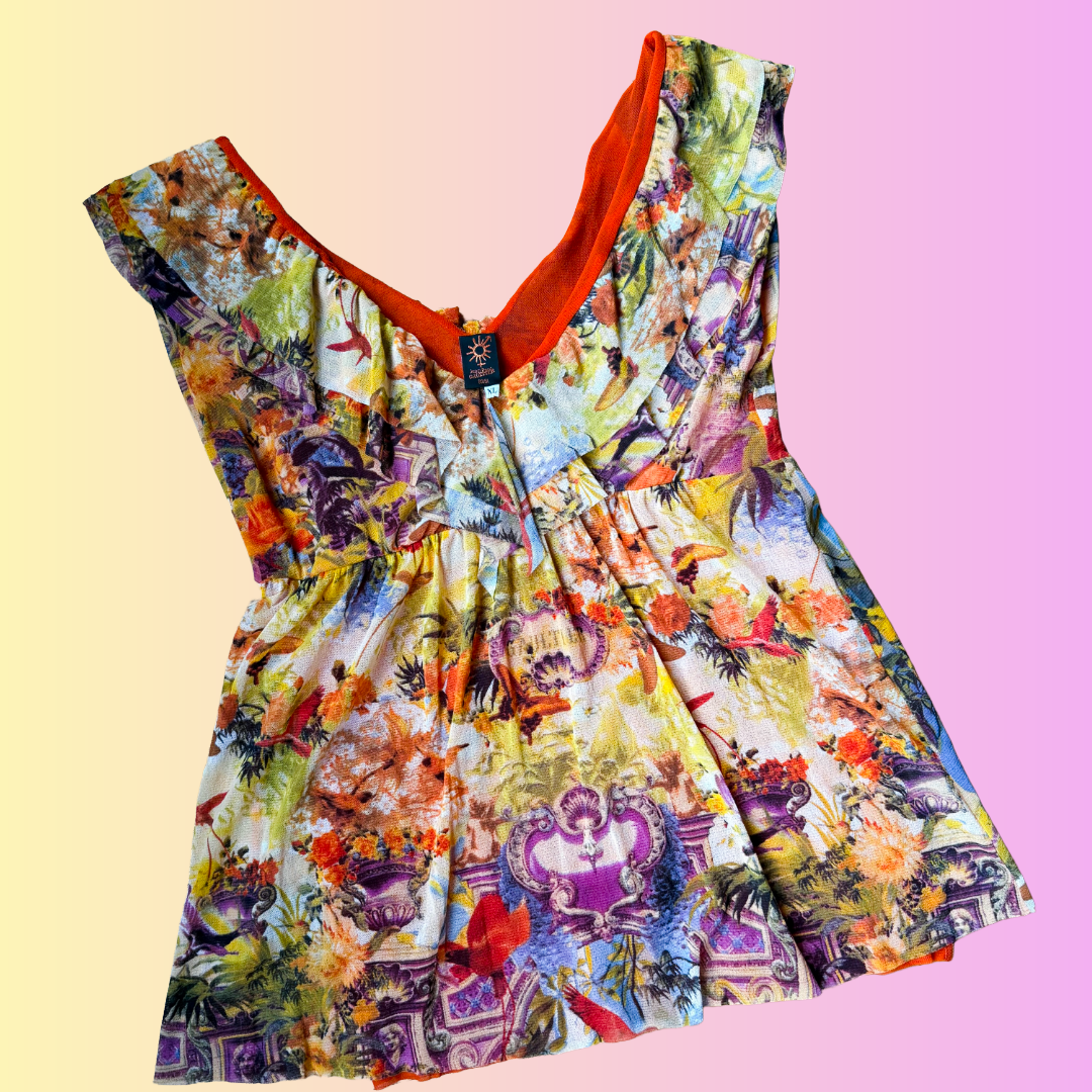 Jean Paul Gaultier Soleil Vintage Mesh Flamingo Ruffle Top — vintage Jean Paul Gaultier top in orange