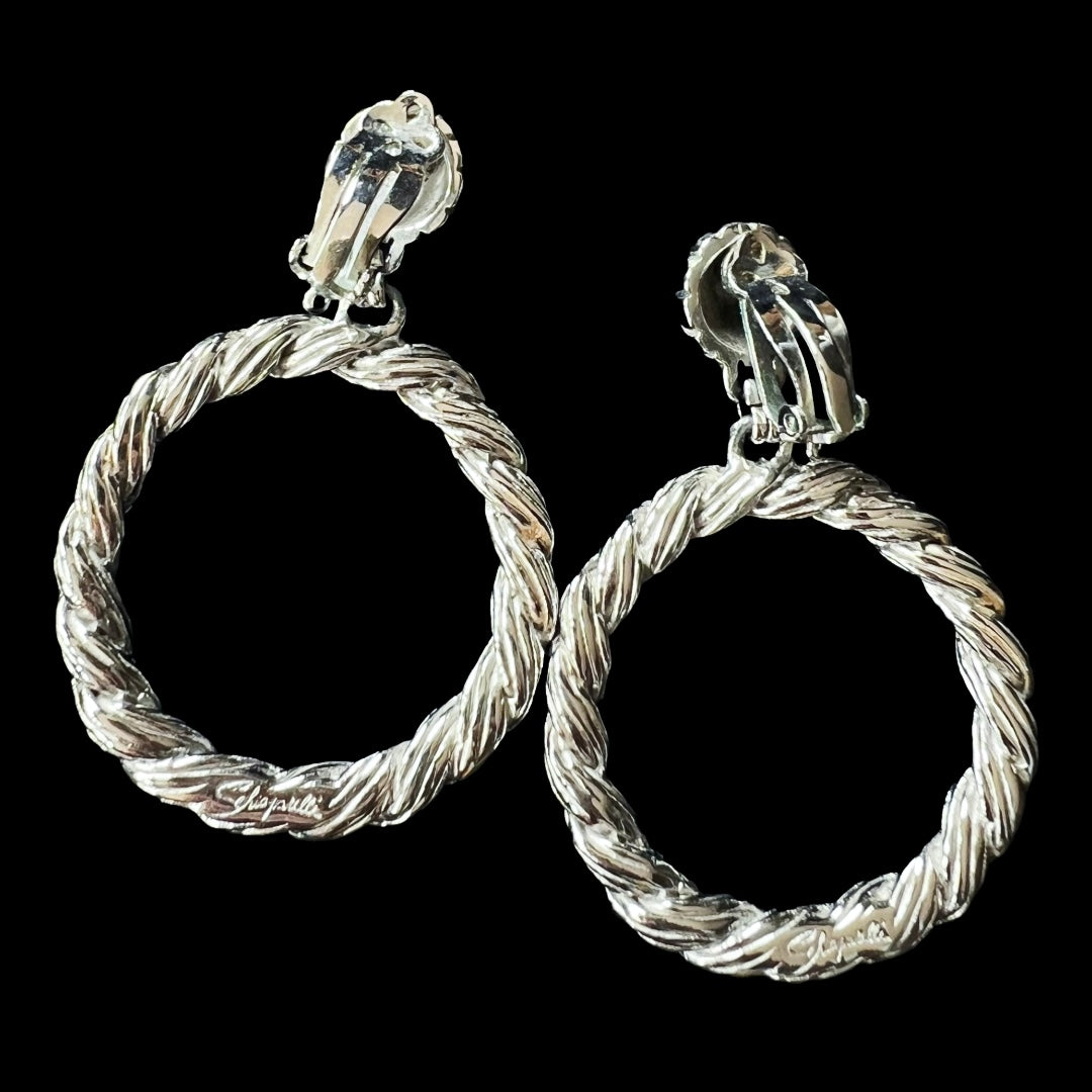 Schiaparelli Silver Braided Hoop Clip On Earrings — vintage 1960s Schiaparelli jewellery in silver