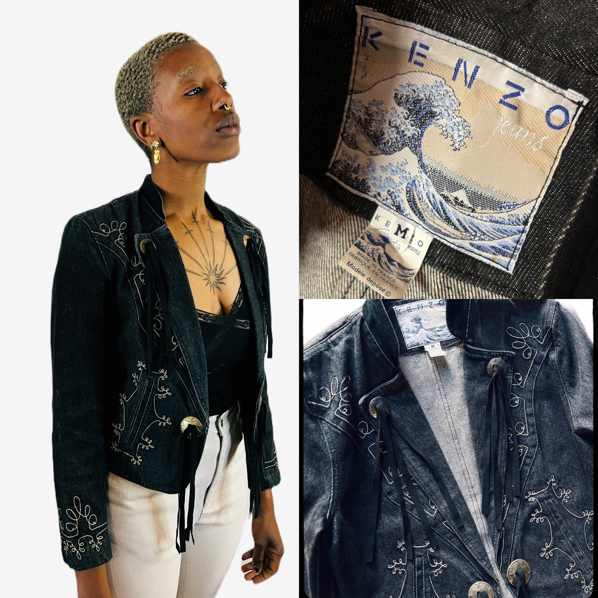 Kenzo Black Denim Fringe Jacket with Gold Embroidery — vintage Kenzo jacket in black, gold, blue