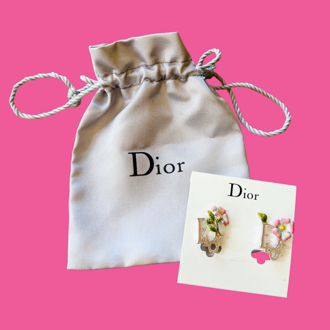 Christian Dior by Galliano Silver Enamel Flower Clip On Earrings