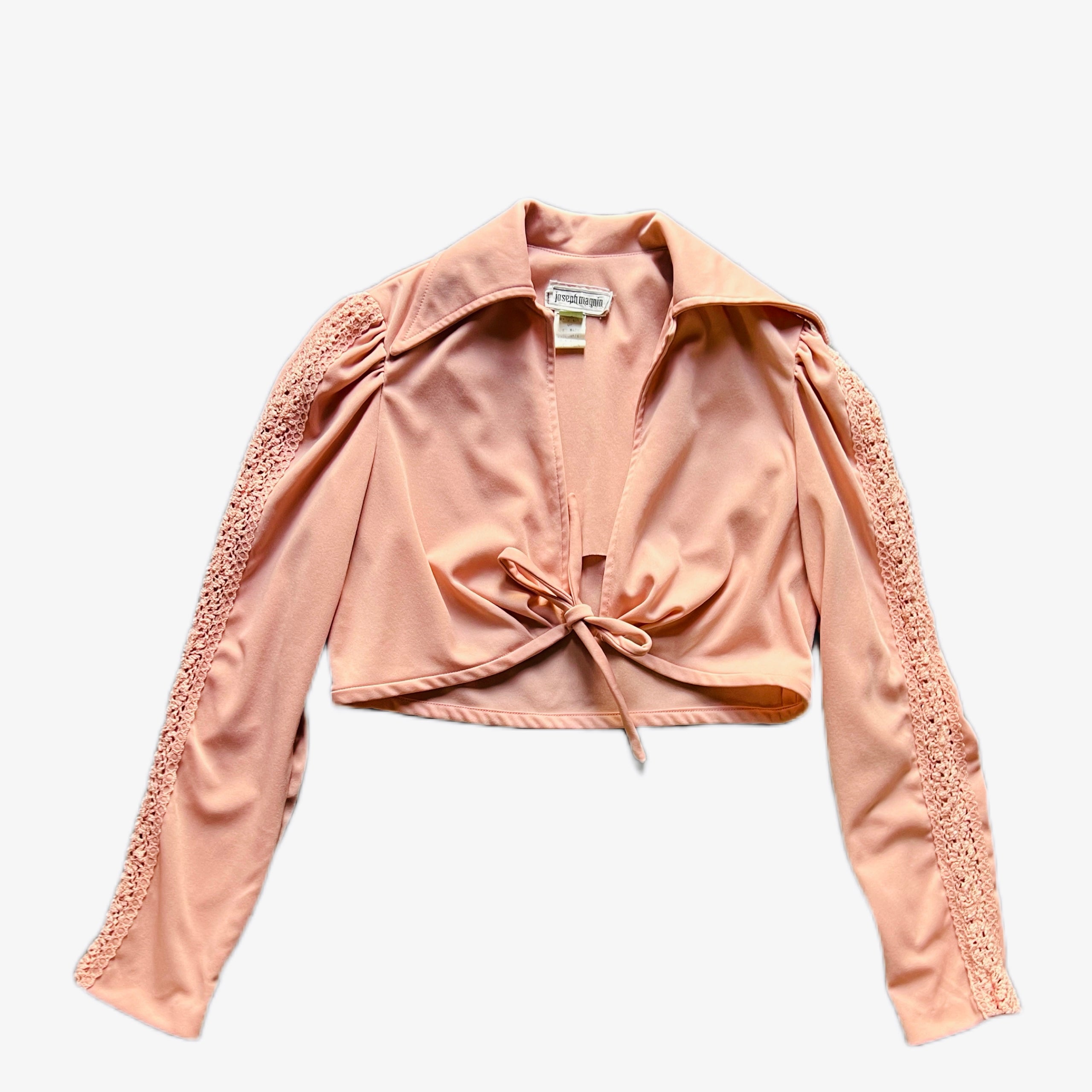 Joseph Magnin 1970s Crop Top with Crochet Sleeve Detailing — vintage 1970s Joseph Magnin top in pink