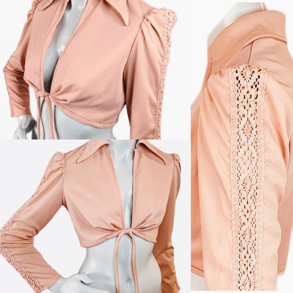 Joseph Magnin 1970s Crop Top with Crochet Sleeve Detailing — vintage 1970s Joseph Magnin top in pink