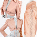 Joseph Magnin 1970s Crop Top with Crochet Sleeve Detailing — vintage 1970s Joseph Magnin top in pink