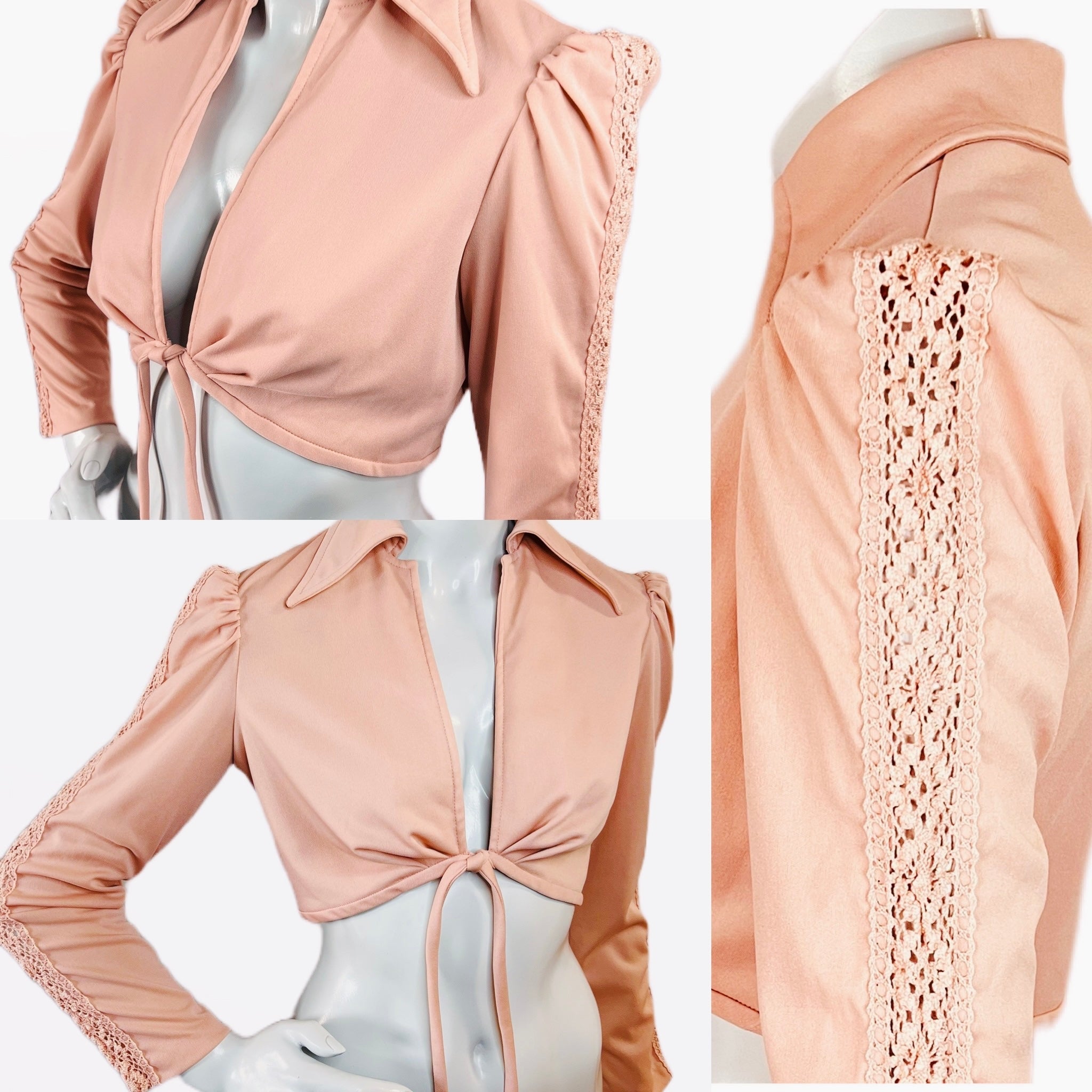 Joseph Magnin 1970s Crop Top with Crochet Sleeve Detailing — vintage 1970s Joseph Magnin top in pink