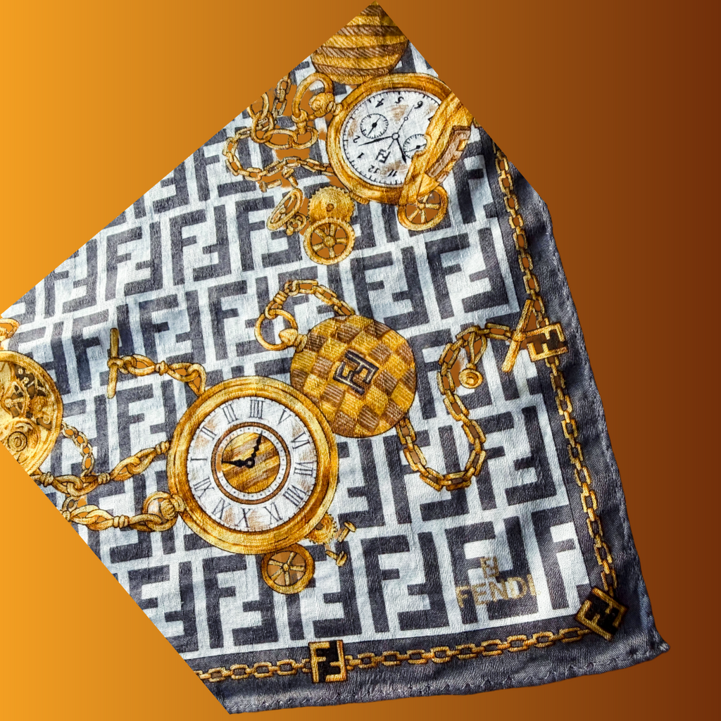 Fendi FF Zucca Chains & Clockwork Scarf — vintage Fendi scarf in white, gold, grey