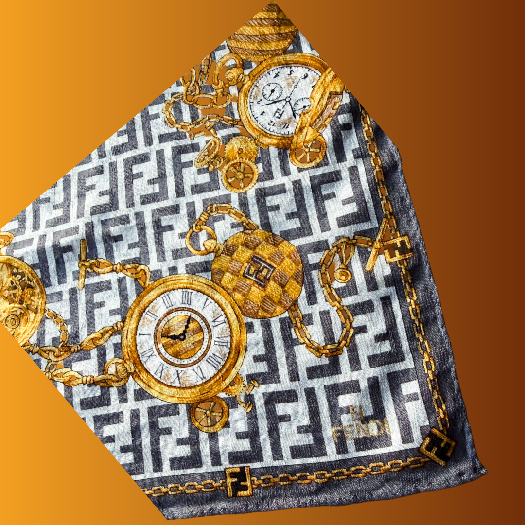 Fendi FF Zucca Chains & Clockwork Scarf — vintage Fendi scarf in white, gold, grey