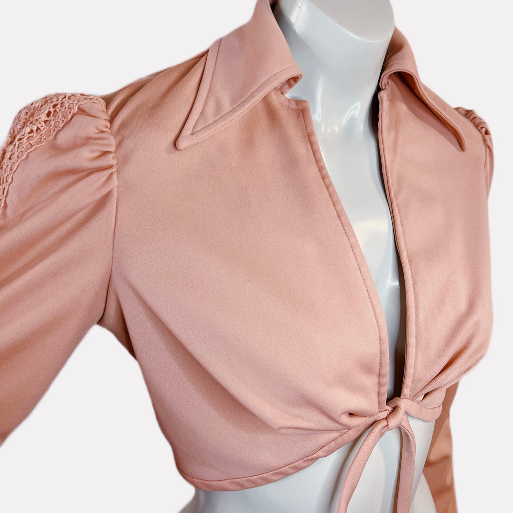 Joseph Magnin 1970s Crop Top with Crochet Sleeve Detailing — vintage 1970s Joseph Magnin top in pink