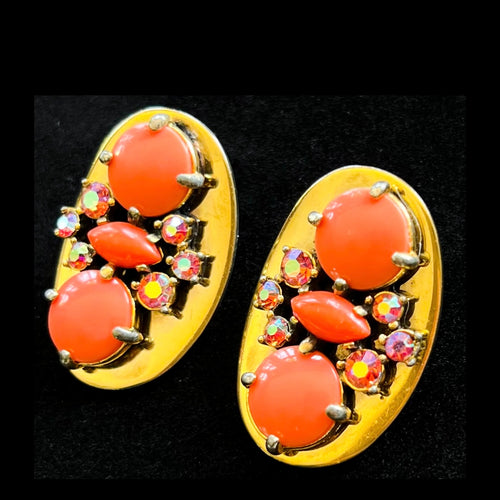 Schiaparelli Coral Gold Aurora Borealis Clip On Earrings — vintage 1950s Schiaparelli jewellery in orange, gold