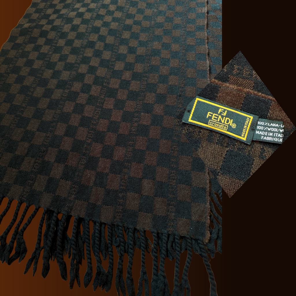 Fendi Checkered Black & Brown Wool Fringe Scarf — vintage Fendi scarf in black, brown